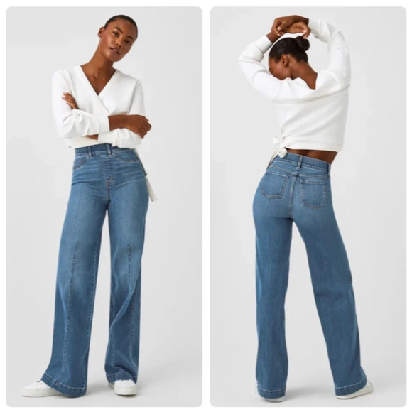SPANX Denim - Spanx Seamed Front Wide Leg Jeans in Vintage Indigo Size Medium NWT New
